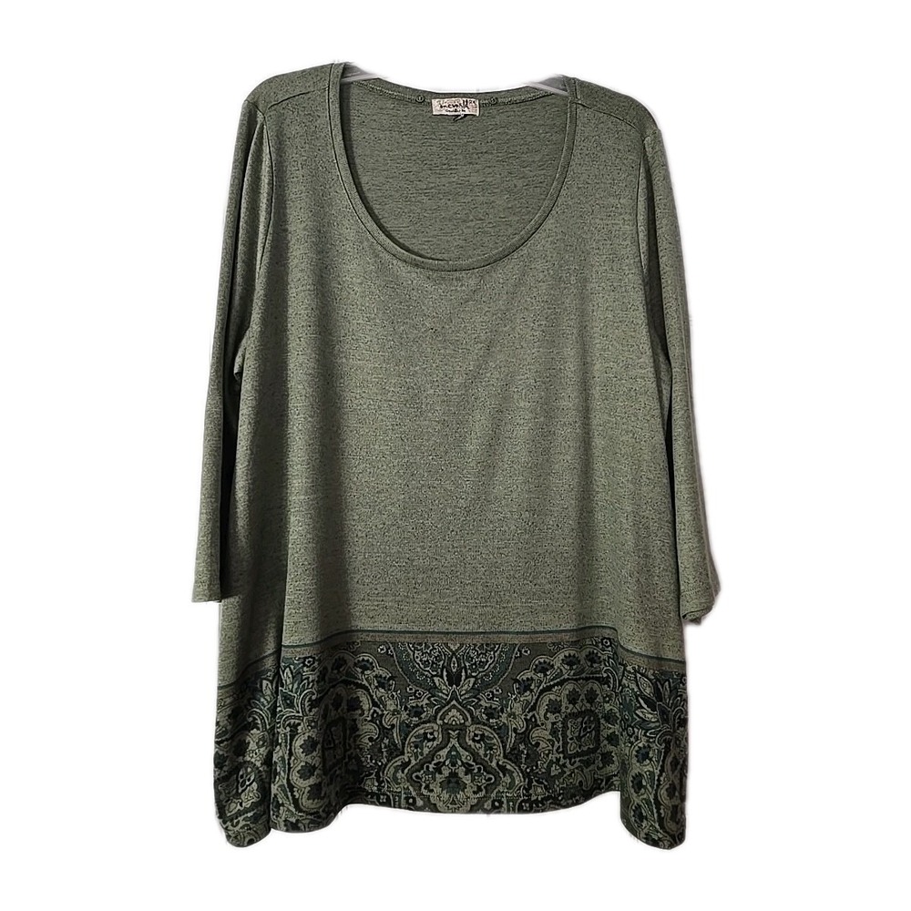 One World Slinky Knit Ruched Tunic Top Blouse Shirt Paisley Green 2X  3/4 Sleeve